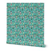 schnauzer (smaller scale) fabric dogs and wine design cute dogs and bubbly fabric schnauzer dogs - turquoise