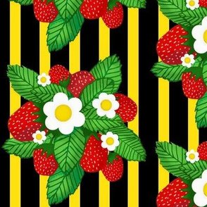 Summer strawberries on blackw/ yellow stripes