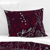 Burgundian motifs. Winter elegant flowers, berries & birds. Holiday mood. Big