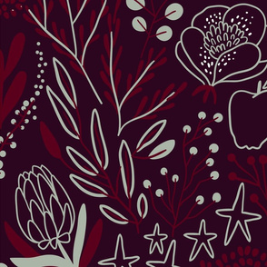 Burgundian motifs. Winter elegant flowers, berries & birds. Holiday mood. Big