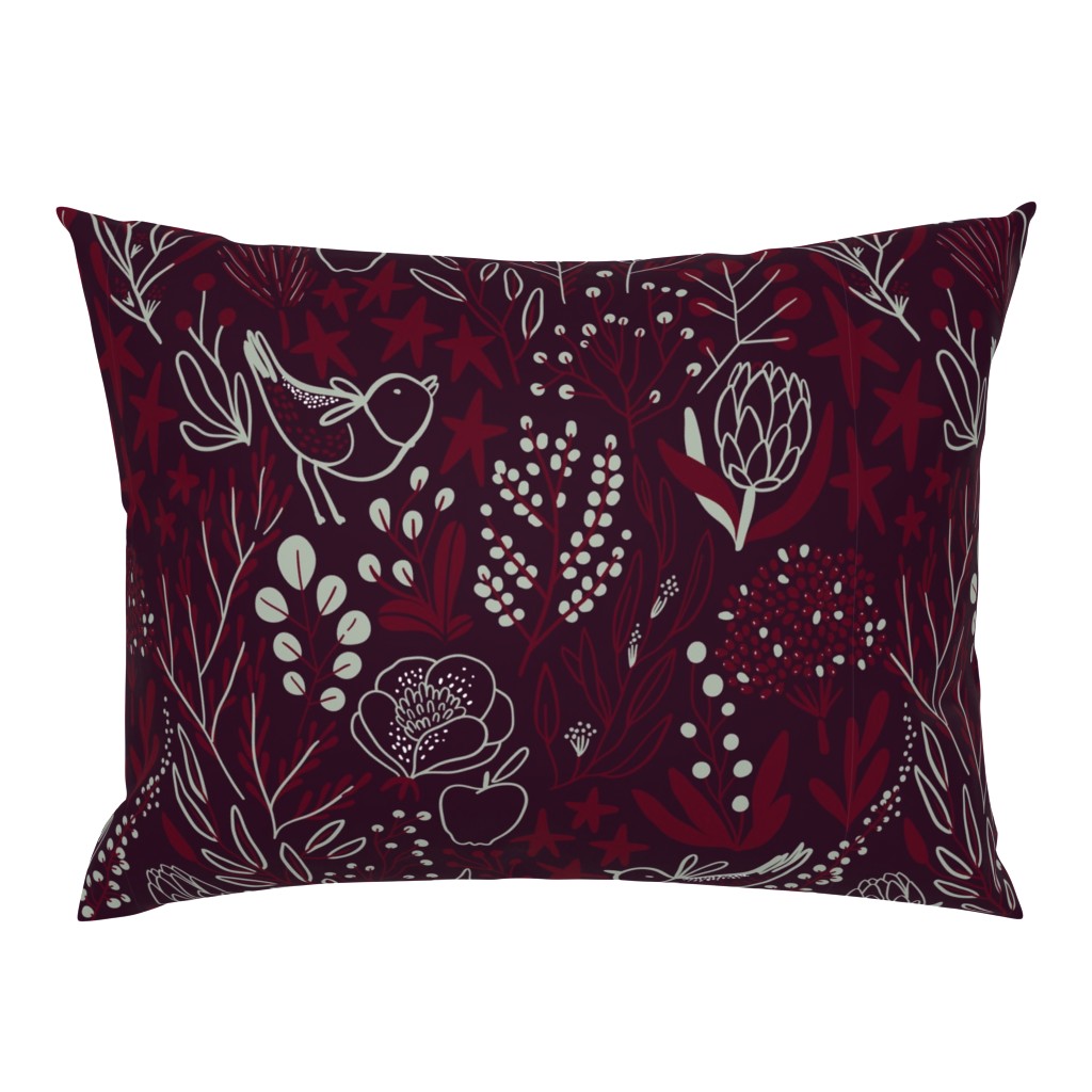 Burgundian motifs. Winter elegant flowers, berries & birds. Holiday mood.