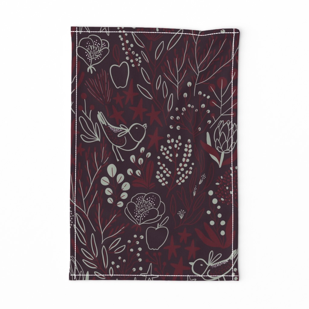 Burgundian motifs. Winter elegant flowers, berries & birds. Holiday mood.