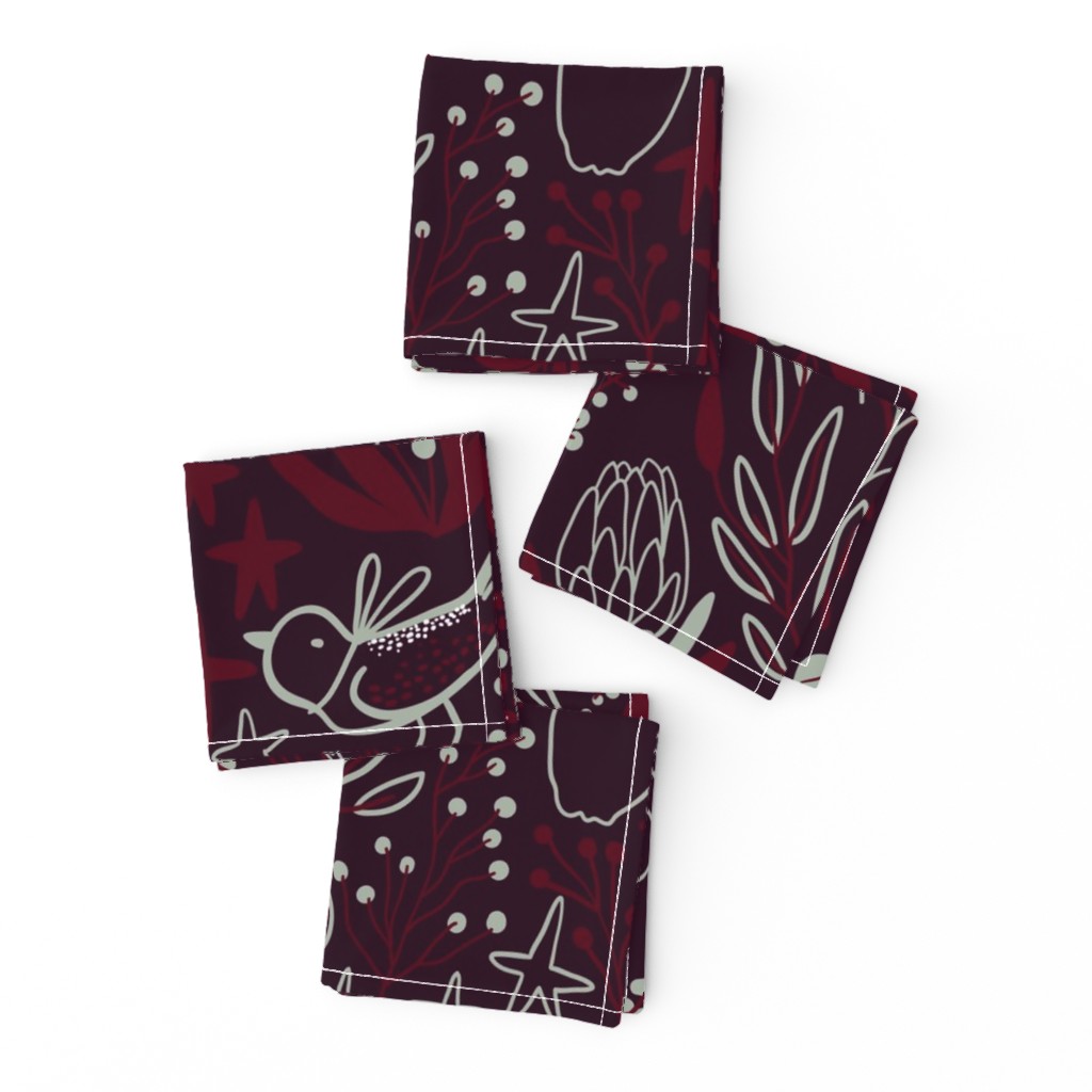 Burgundian motifs. Winter elegant flowers, berries & birds. Holiday mood.