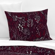 Burgundian motifs. Winter elegant flowers, berries & birds. Holiday mood.