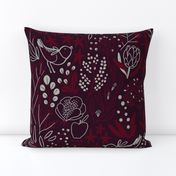 Burgundian motifs. Winter elegant flowers, berries & birds. Holiday mood.