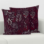 Burgundian motifs. Winter elegant flowers, berries & birds. Holiday mood.