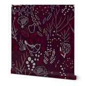 Burgundian motifs. Winter elegant flowers, berries & birds. Holiday mood.