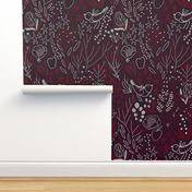 Burgundian motifs. Winter elegant flowers, berries & birds. Holiday mood.