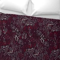 Burgundian motifs. Winter elegant flowers, berries & birds. Holiday mood.