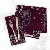 Burgundian motifs. Winter elegant flowers, berries & birds. Holiday mood.