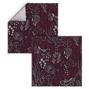 Burgundian motifs. Winter elegant flowers, berries & birds. Holiday mood.