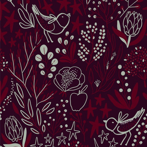 Burgundian motifs. Winter elegant flowers, berries & birds. Holiday mood.
