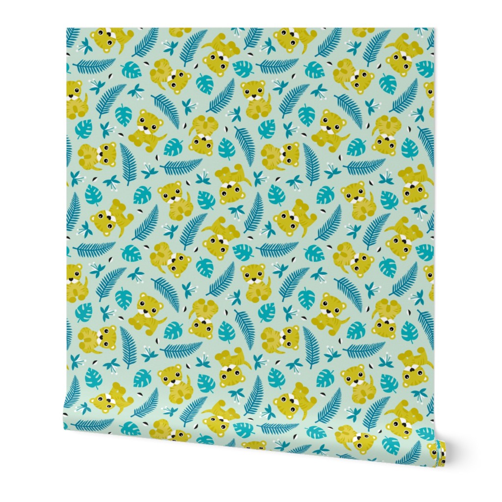 Little jungle tiger botanical leaves and summer jungle baby blue mustard yellow