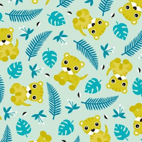 Little jungle tiger botanical leaves and summer jungle baby blue mustard yellow