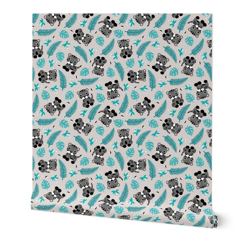 Little jungle tiger botanical leaves and summer jungle baby blue gray boys