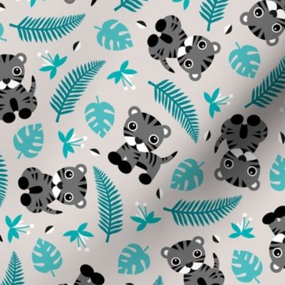 Little jungle tiger botanical leaves and summer jungle baby blue gray boys