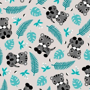 Little jungle tiger botanical leaves and summer jungle baby blue gray boys