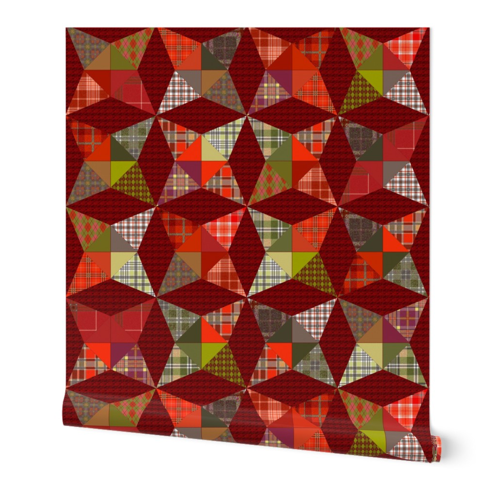 Christmas Plaid Kaleidoscope Stars Cheater with Red and Green