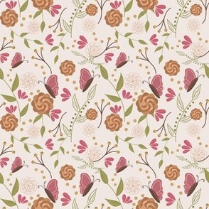 Pink Butterflies with Peach Flowers // Feminine Fabric // 4x4