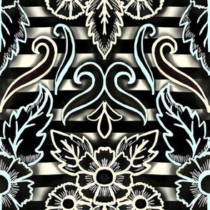  gothic floral stripe damask in ivory, sky, and black