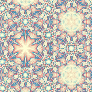 Southwestern mandalas and snowflake shapes with pale reds and blues