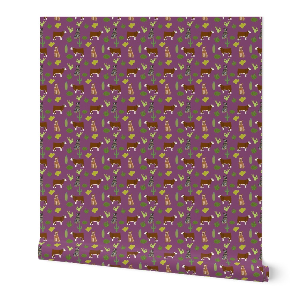 australian cattle dog with cattle (smaller scale) red heeler and blue heeler fabric purple