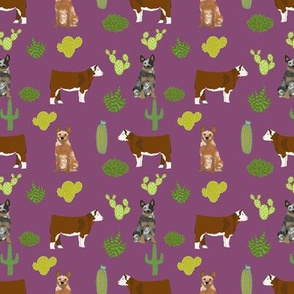 australian cattle dog with cattle (smaller scale) red heeler and blue heeler fabric purple