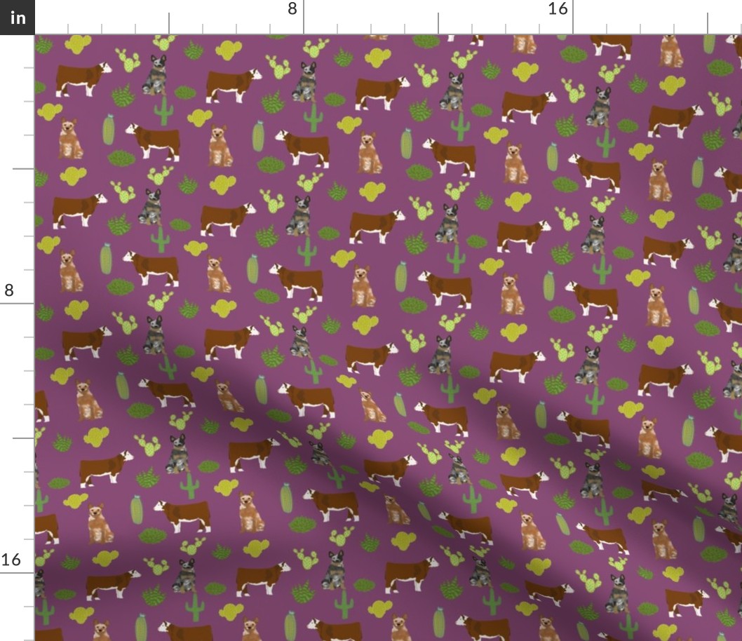 australian cattle dog with cattle (smaller scale) red heeler and blue heeler fabric purple