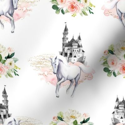 8" Unicorn and Castle Garden - Pink & White Flowers