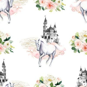 8" Unicorn and Castle Garden - Pink & White Flowers