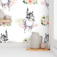 36" Unicorn and Castle Garden - Pink & White Flowers