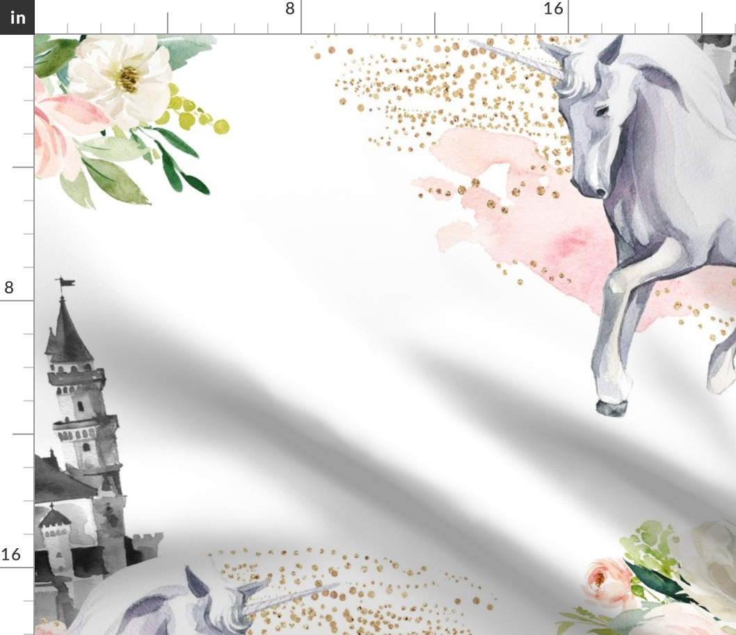 36" Unicorn and Castle Garden - Pink & White Flowers