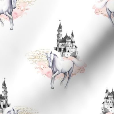 8" Unicorn and Castle Garden - Pink & White