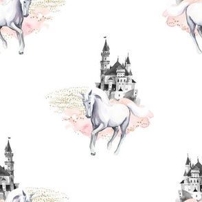 10.5" Unicorn and Castle Garden - Pink & White