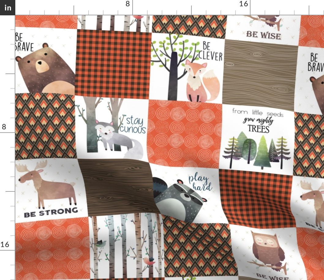 4.5" BLOCKS- Woodland Critters Patchwork Quilt - Bear Moose Fox Raccoon Wolf, Brown & Orange Design GingerLous