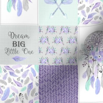 3" BLOCKS Dream Big Dream Catchers Patchwork Quilt Top – Wholecloth for Girls Purple Lavender Grey Feathers Nursery Blanket Baby Bedding