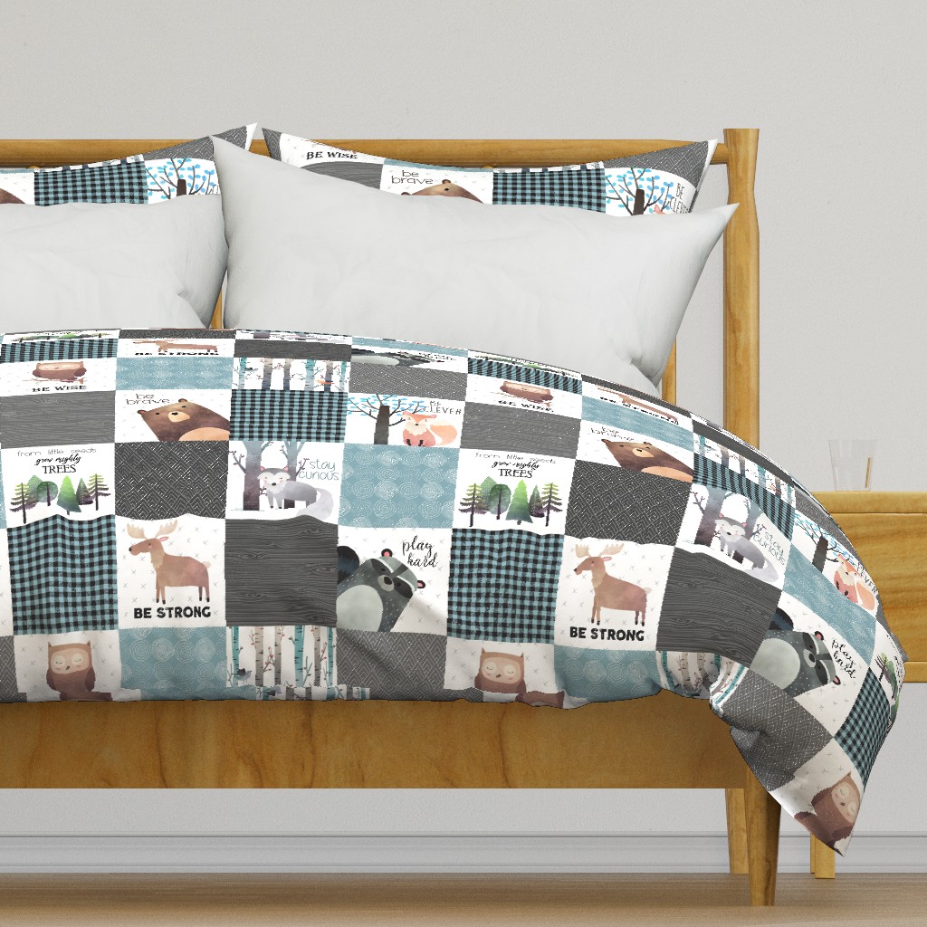 Woodland Critters Patchwork Quilt - Bear Moose Fox Raccoon Wolf, Gray & Blue Design GingerLous