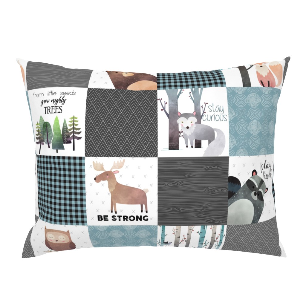 Woodland Critters Patchwork Quilt - Bear Moose Fox Raccoon Wolf, Gray & Blue Design GingerLous