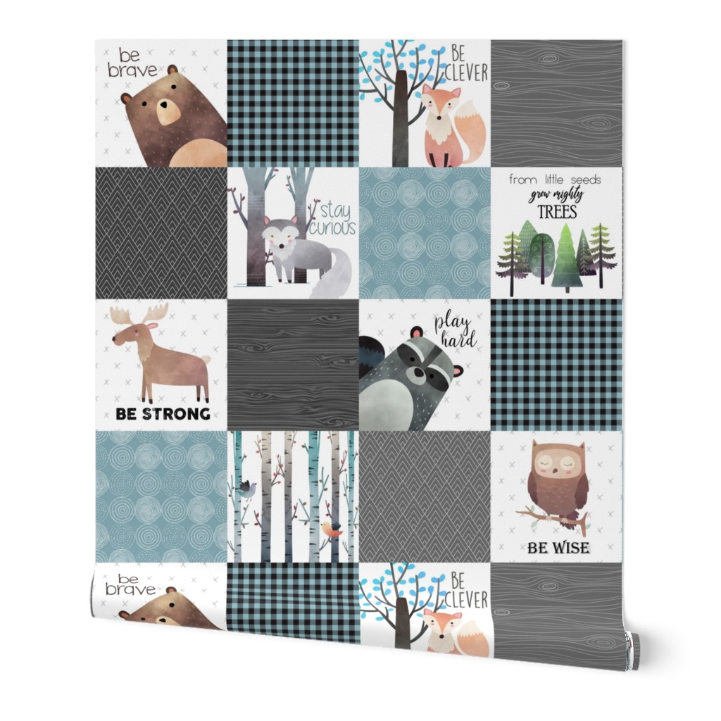 Woodland Critters Patchwork Quilt - Bear Moose Fox Raccoon Wolf, Gray & Blue Design GingerLous