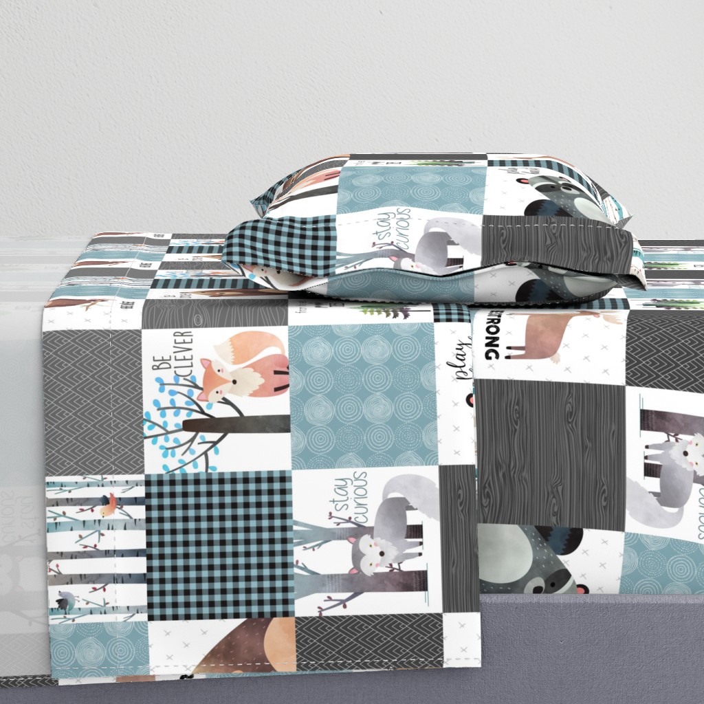 Woodland Critters Patchwork Quilt - Bear Moose Fox Raccoon Wolf, Gray & Blue Design GingerLous