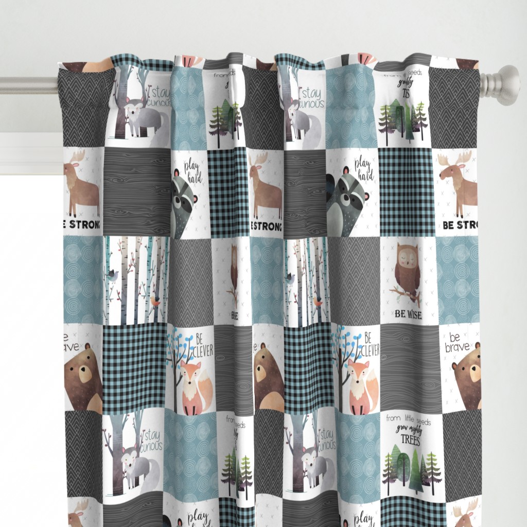 Woodland Critters Patchwork Quilt - Bear Moose Fox Raccoon Wolf, Gray & Blue Design GingerLous