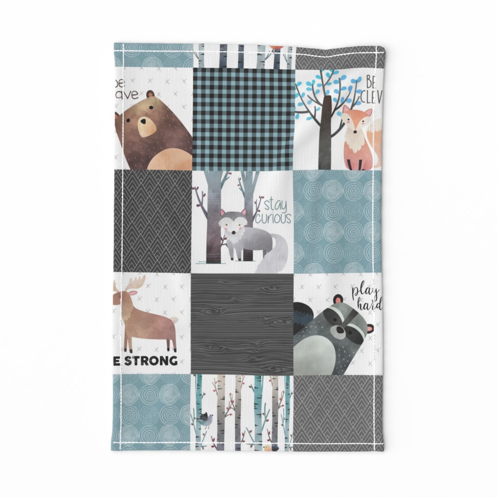 Woodland Critters Patchwork Quilt - Bear Moose Fox Raccoon Wolf, Gray & Blue Design GingerLous