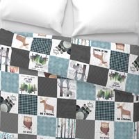 Woodland Critters Patchwork Quilt - Bear Moose Fox Raccoon Wolf, Gray & Blue Design GingerLous