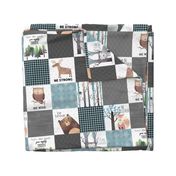 Woodland Critters Patchwork Quilt - Bear Moose Fox Raccoon Wolf, Gray & Blue Design GingerLous