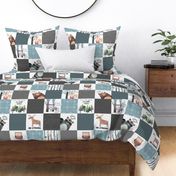 Woodland Critters Patchwork Quilt - Bear Moose Fox Raccoon Wolf, Gray & Blue Design GingerLous