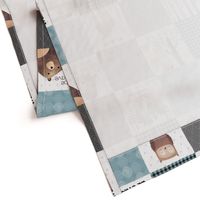 Woodland Critters Patchwork Quilt - Bear Moose Fox Raccoon Wolf, Gray & Blue Design GingerLous