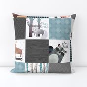 Woodland Critters Patchwork Quilt - Bear Moose Fox Raccoon Wolf, Gray & Blue Design GingerLous