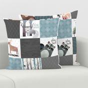 Woodland Critters Patchwork Quilt - Bear Moose Fox Raccoon Wolf, Gray & Blue Design GingerLous