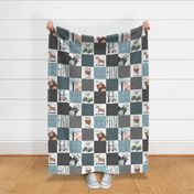 Woodland Critters Patchwork Quilt - Bear Moose Fox Raccoon Wolf, Gray & Blue Design GingerLous