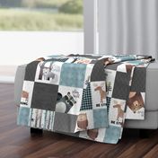 Woodland Critters Patchwork Quilt - Bear Moose Fox Raccoon Wolf, Gray & Blue Design GingerLous